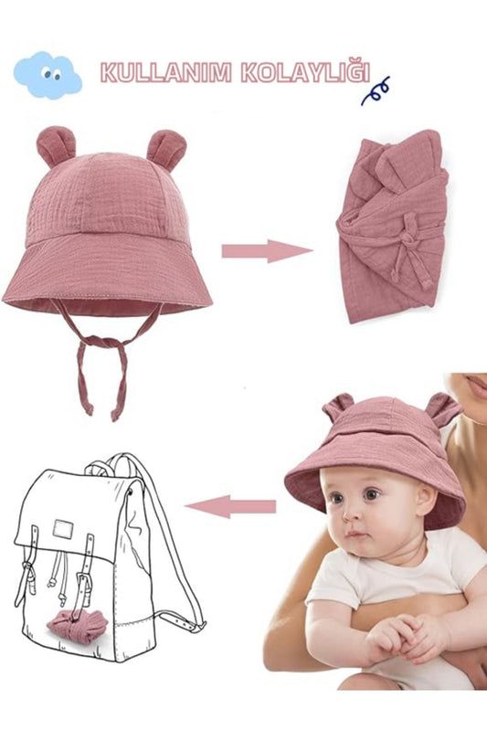 Ayıcık Detaylı Müslin Yazlık Bebek Fötr Şapka 0-2 Yaş